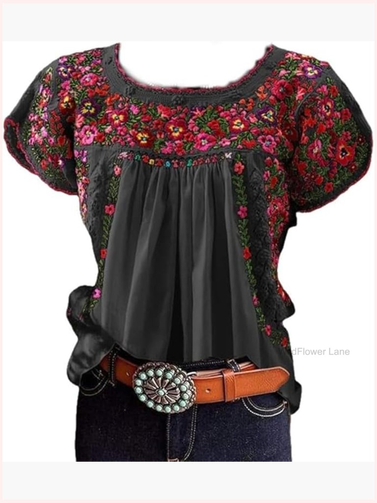 Mexican Floral Embroidered Peasant Blouse Short Sleeve Crew Neck Loose Fit